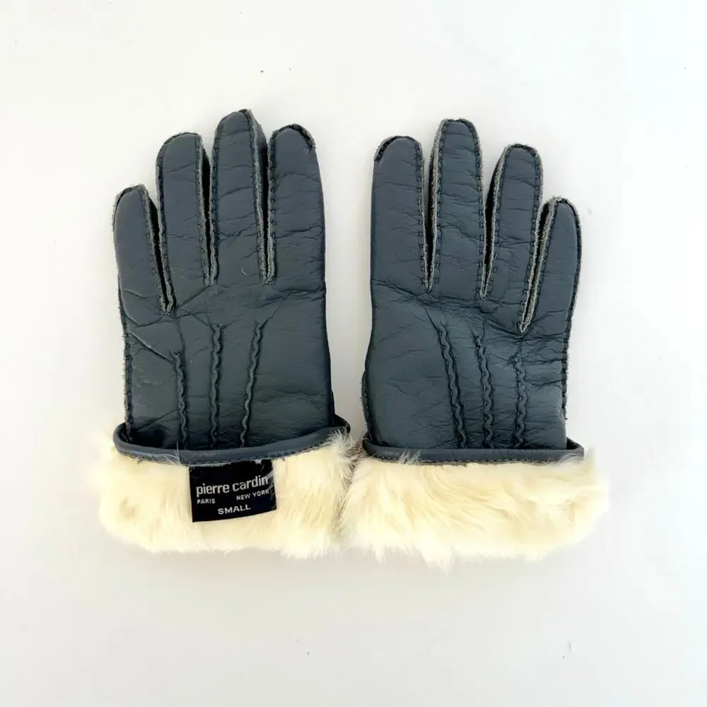 Pierre Cardin Vintage Soft Leather Gloves with Fur Lining Light Navy Women’s S
